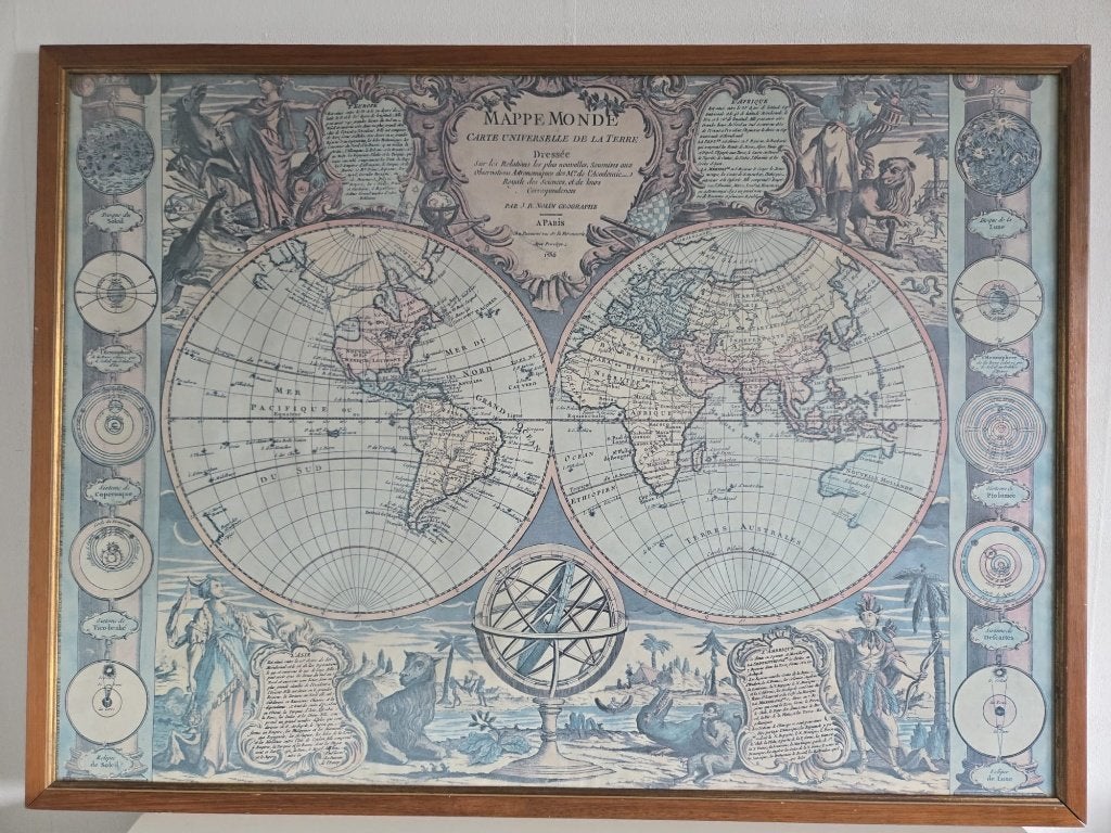 Oude Wereldmap Reproductie 1755, Antiek en Kunst, 69 cm, Ingelijst, 1700 - 1799, Ophalen