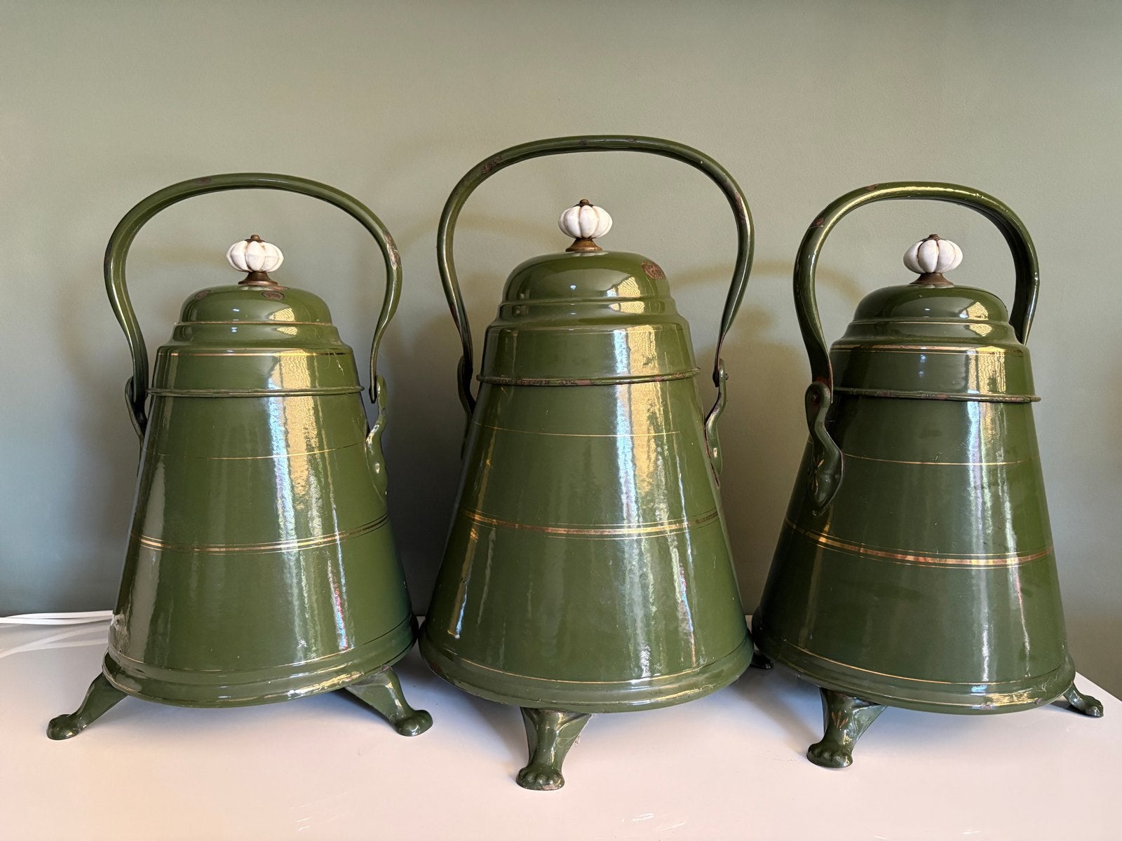 Set van 3 vintage geëmailleerde haard-/kolenemmers groen, Ophalen of Verzenden