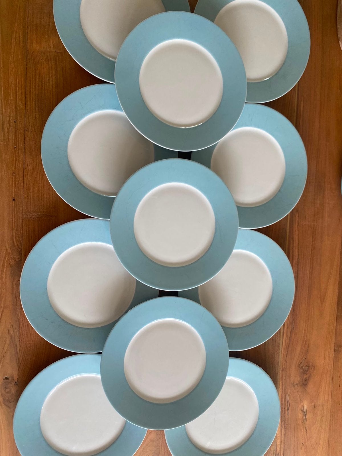 IKEA 365 borden wit met blauwe rand  (11 stuks), Gebruikt, Keramiek, IKEA, Ophalen of Verzenden