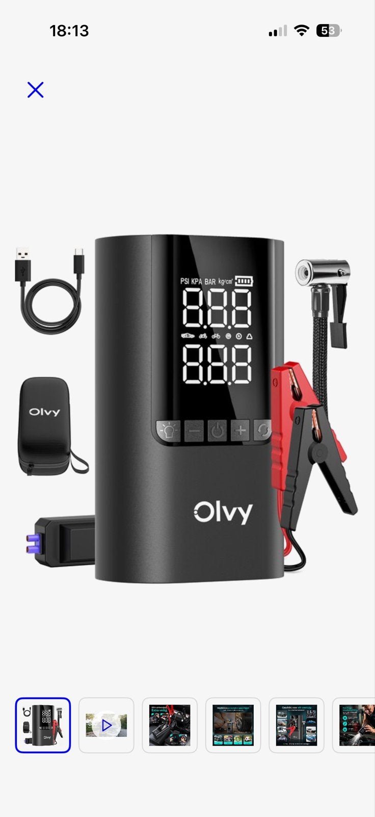 Olvy Draagbare Bandenpomp met Jumpstarter Functie, Nieuw, Universele onderdelen