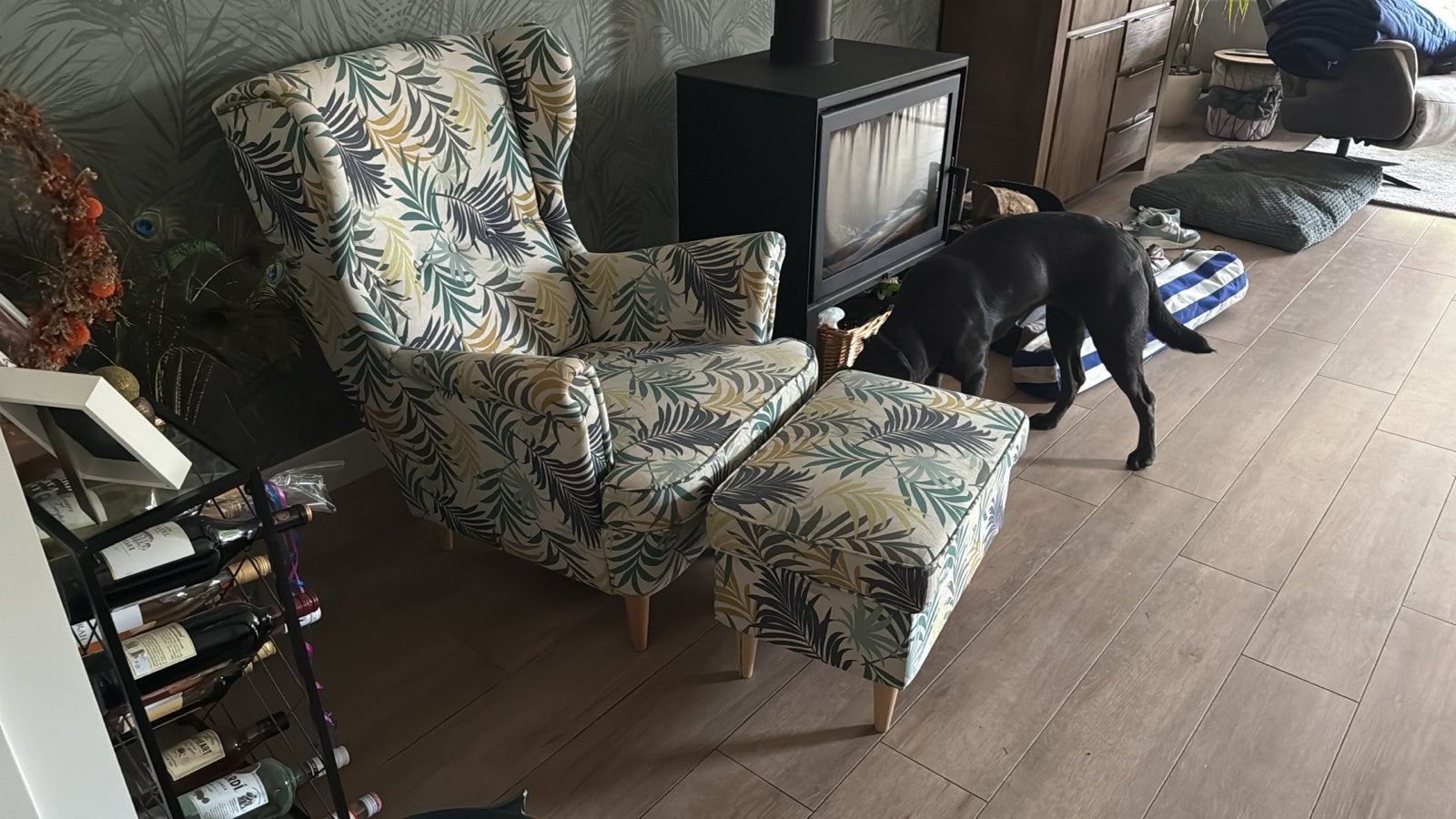 Relaxstoel met bankje, niet verstelbaar, Huis en Inrichting, Fauteuils, Ophalen, Minder dan 75 cm, Zo goed als nieuw, Stof