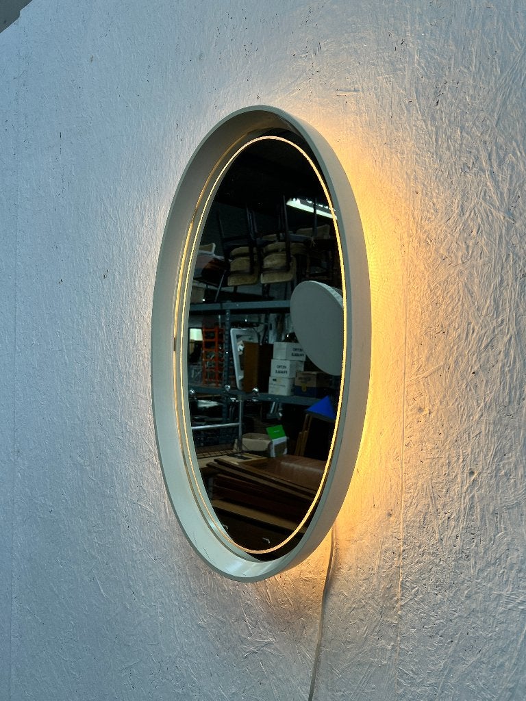 Vintage Ovale Hillebrand Spiegel Met Verlichting, Hout, 70's, Minder dan 50 cm, Gebruikt, Onbekend, Ophalen of Verzenden