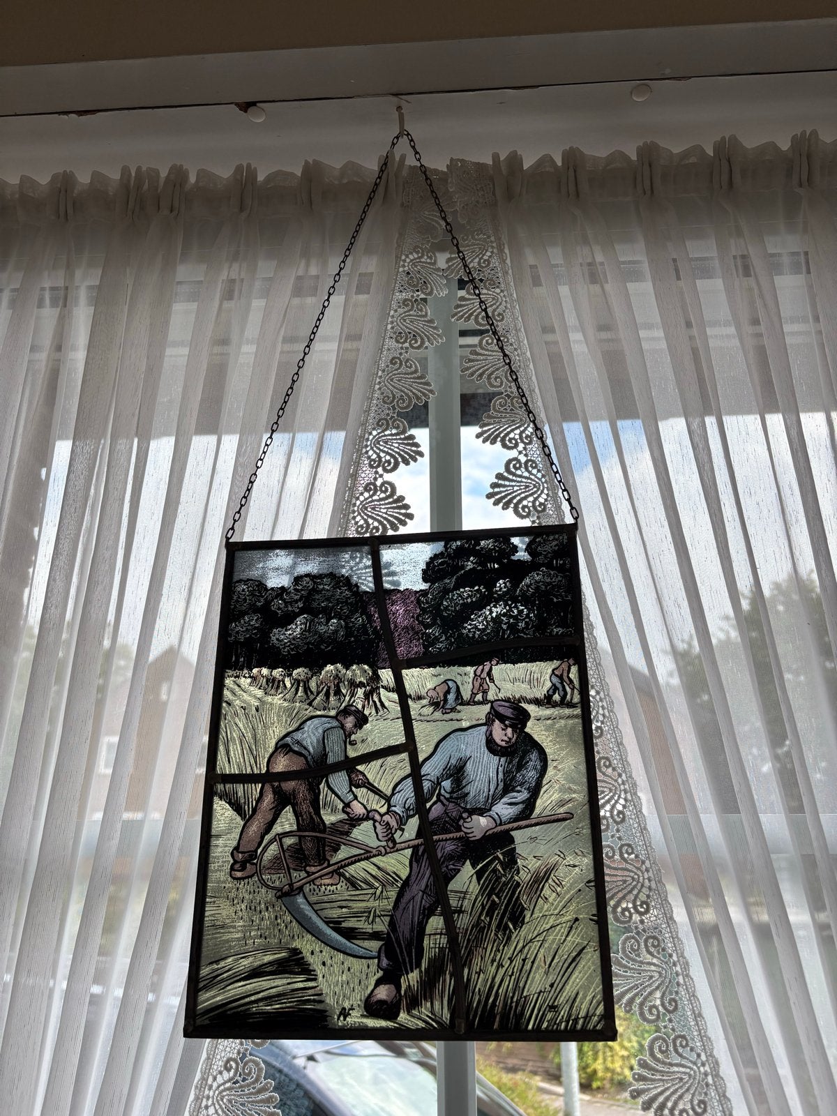 Glas-in-lood paneel met landbouwtafereel, Antiek en Kunst, Ophalen
