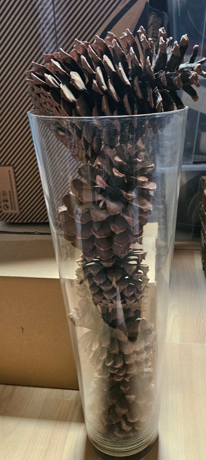 Glazen vaas 50cm met 5 grote dennenappels (12cm+), Huis en Inrichting, Woonaccessoires | Vazen, Ophalen, Gebruikt, Transparant