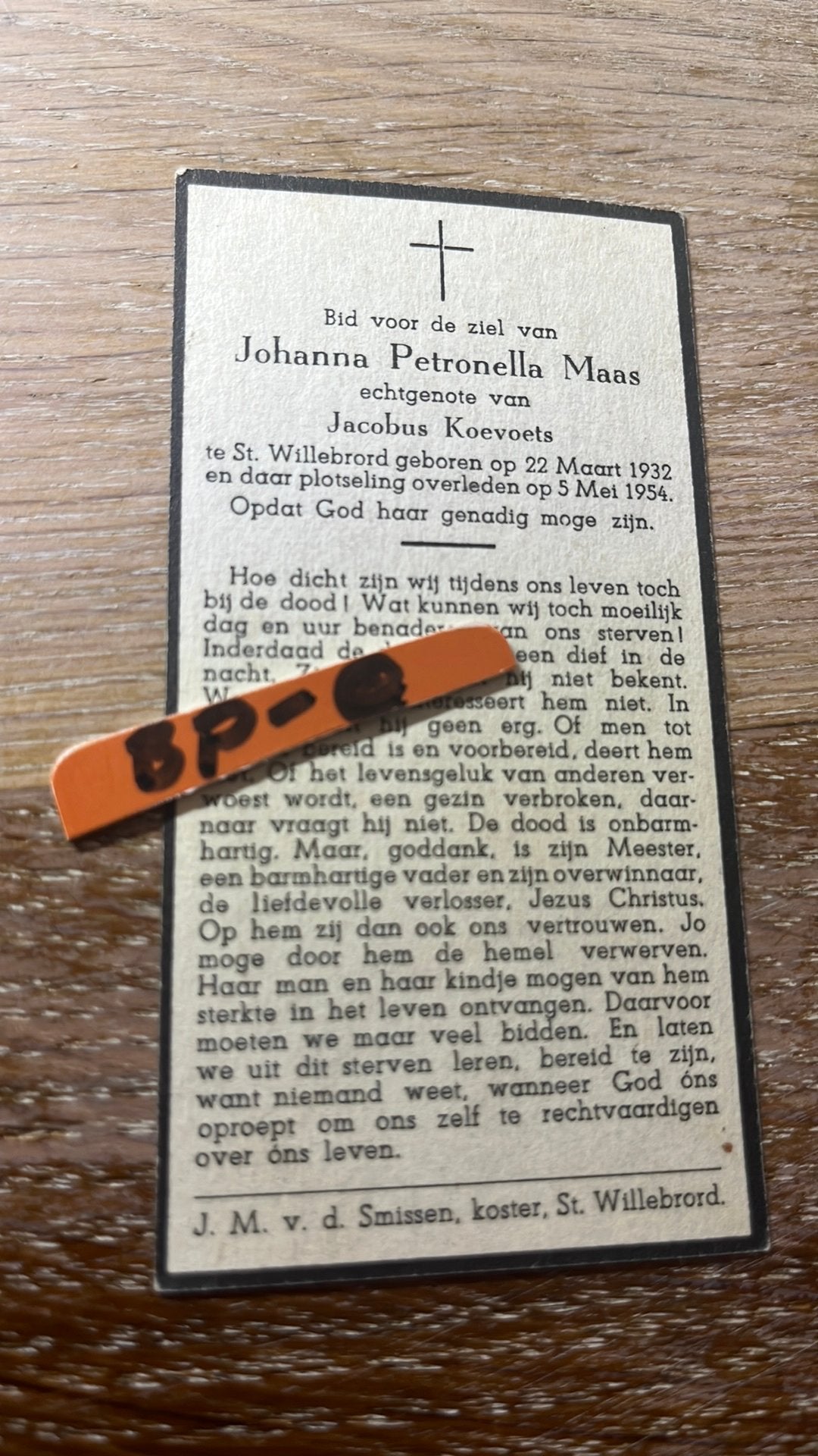 Maas Johanna 1932 St Willebrord 1954 x Koevoets - E01105 -, Ophalen of Verzenden, Bidprentje