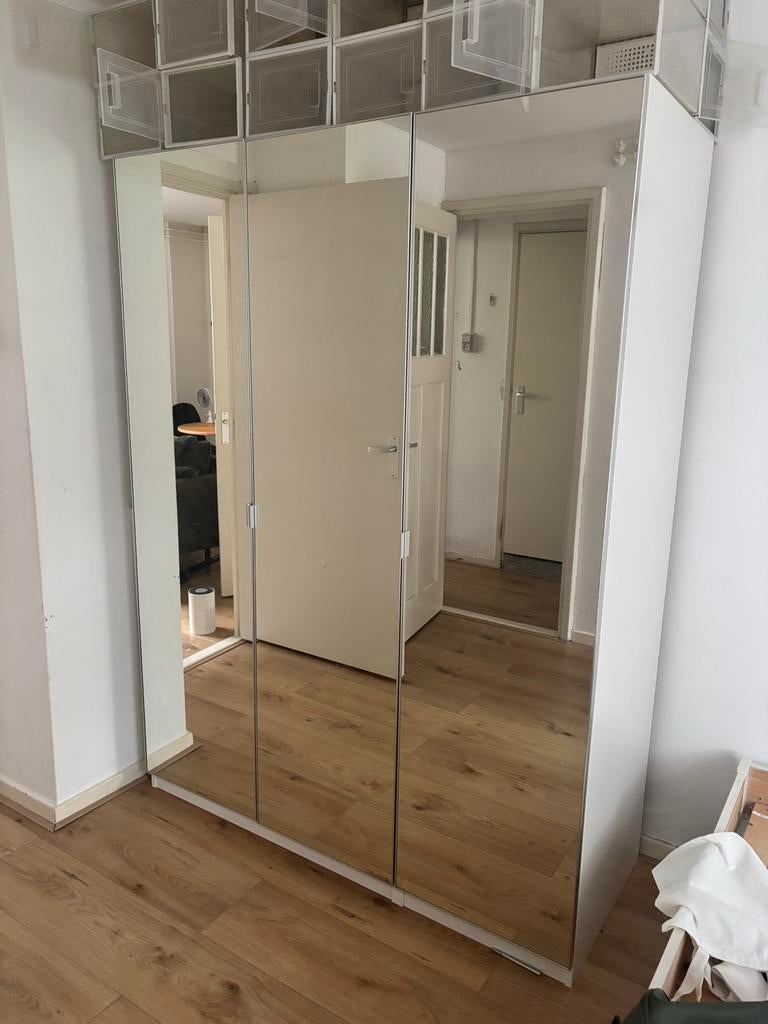 IKEA PAX Kledingkast spiegeldeuren met lades, planken opberg, Ophalen, 200 cm of meer, 150 tot 200 cm, Met klep(pen)