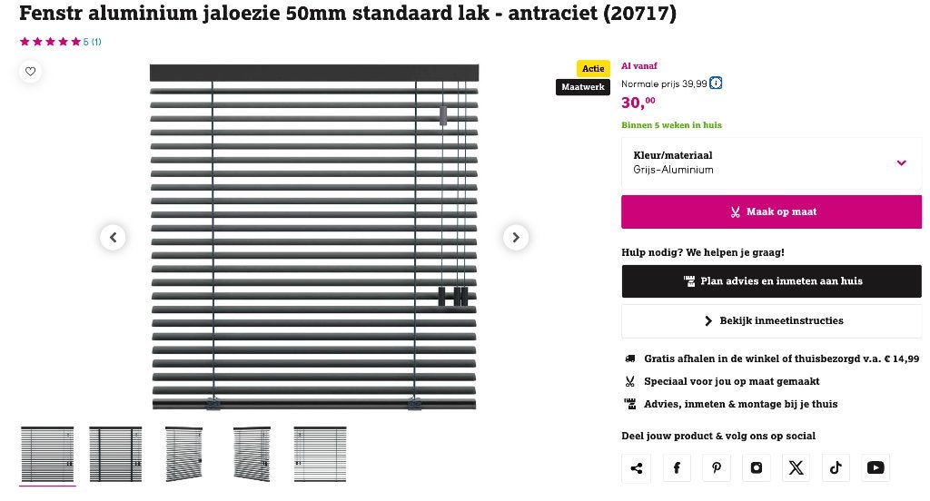 2x Fenstr aluminium jaloezie 50mm defect- antraciet- 133x153, Ophalen, Grijs