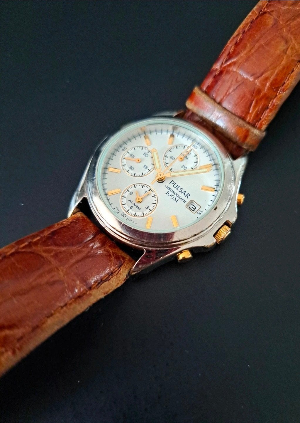Pulsar Chronograaf Herenhorloge - Zilverkleurig met Leer, Sieraden, Tassen en Uiterlijk, Horloges | Heren, Ophalen of Verzenden