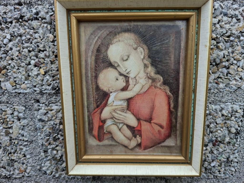 oud schilderij met maagt moeder maria + baby christus, Antiek en Kunst, Ophalen of Verzenden