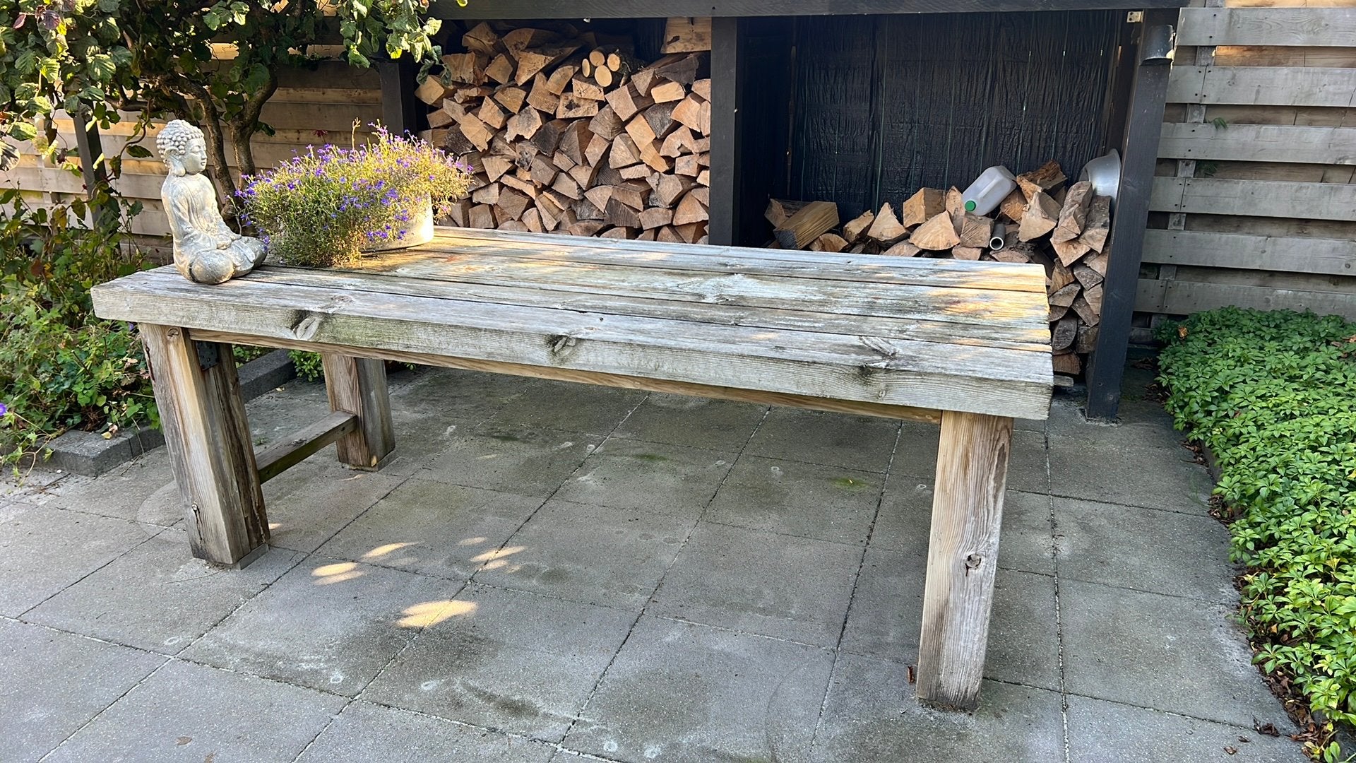 Massief houten tuintafel 220x92, Tuin en Terras, Tuintafels, Ophalen, Gebruikt, Rechthoekig, Hout