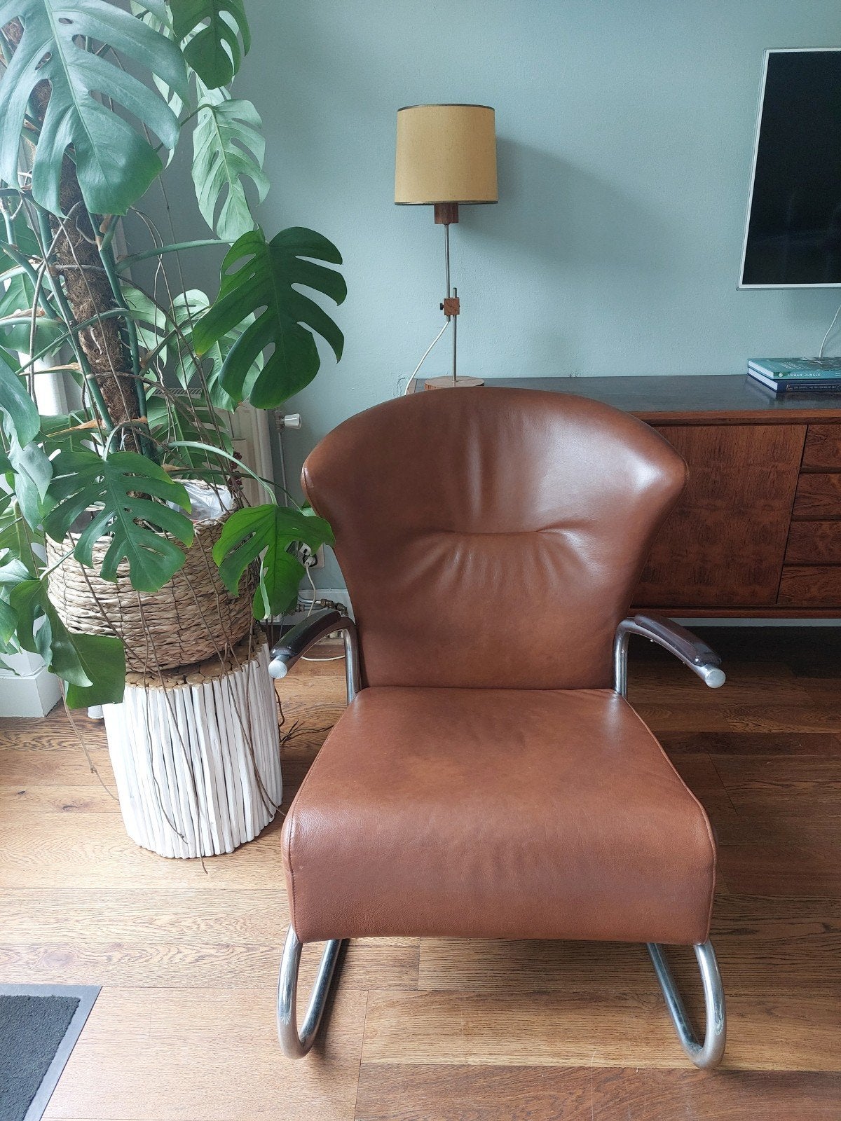 Vintage fauteuil met chromen frame en bruin leer, Ophalen, Gebruikt, Bruin, Vintage, Retro, Mid-century