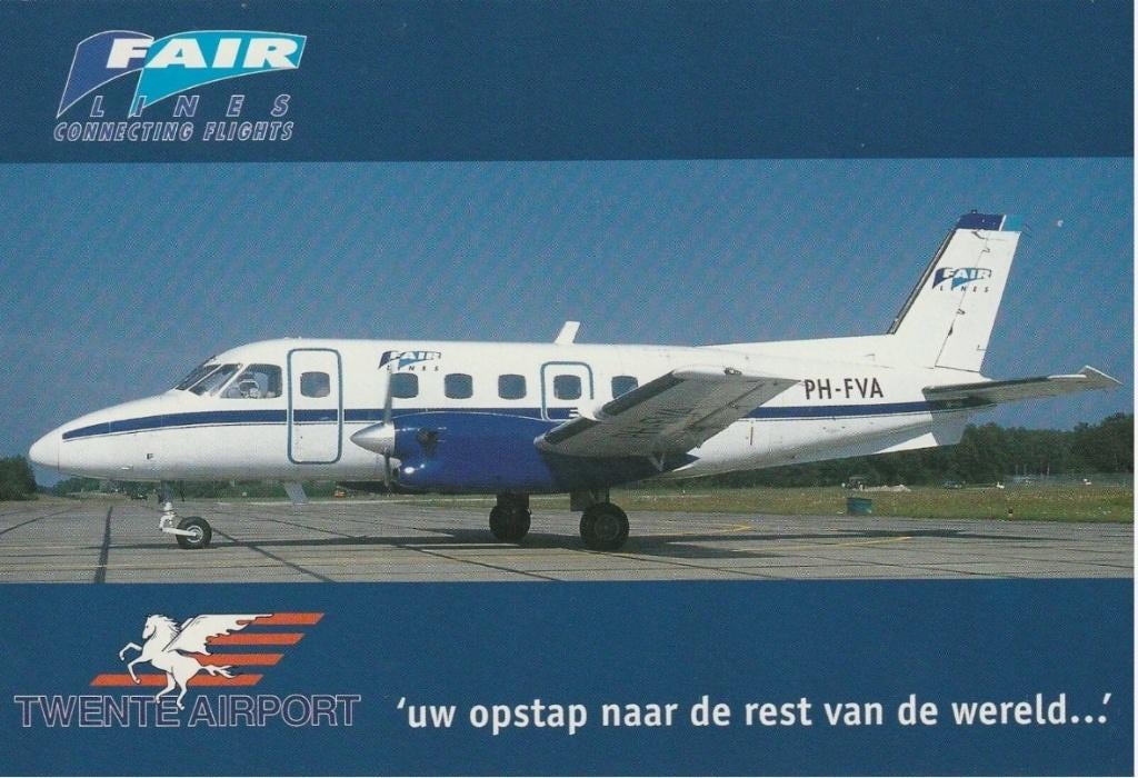 Fairlines Embraer 110 - Twente Airport - Schiphol vv, Verzamelen, Ophalen of Verzenden, Nieuw, Kaart, Foto of Prent