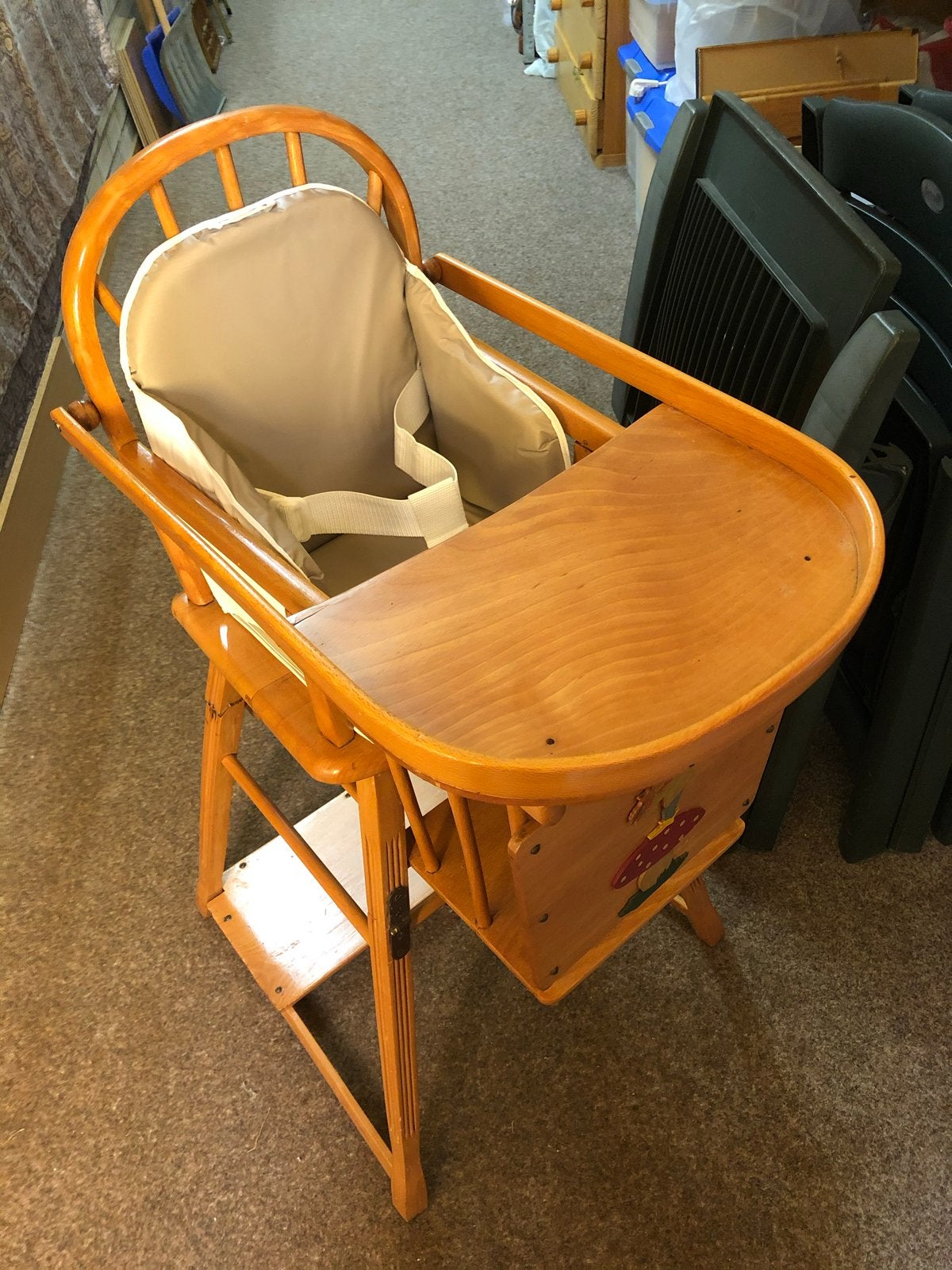 Vintage houten kinderstoel met eetblad en gordel, Ophalen, Gebruikt, Overige typen, Afneembaar eetblad
