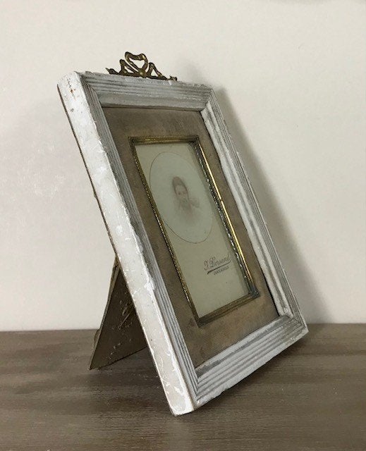 Antiek Frans strik lijstje met originele portretfoto ca 1880, Ophalen of Verzenden