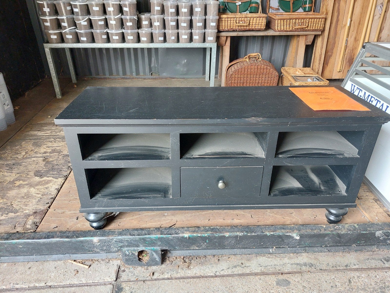 Zwart TV-meubel met opbergruimte en lade, Ophalen, Gebruikt, 100 tot 150 cm, Klassiek, functioneel