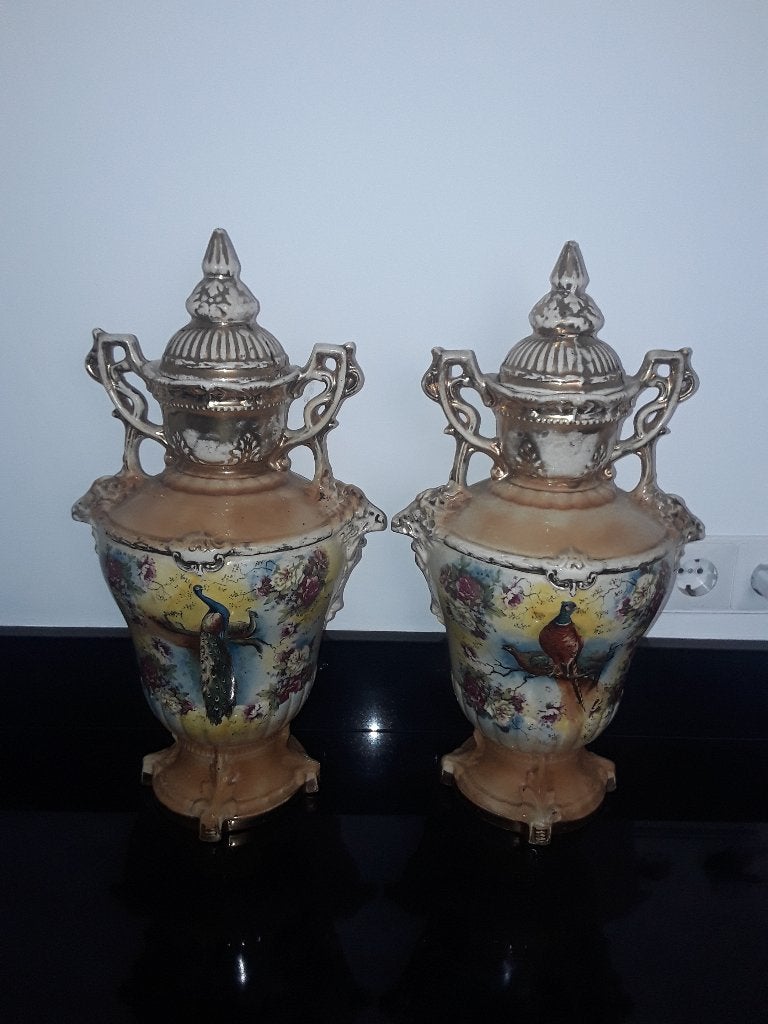 2 Antieke barok blush dekselvazen pauw&fazant, Verzenden