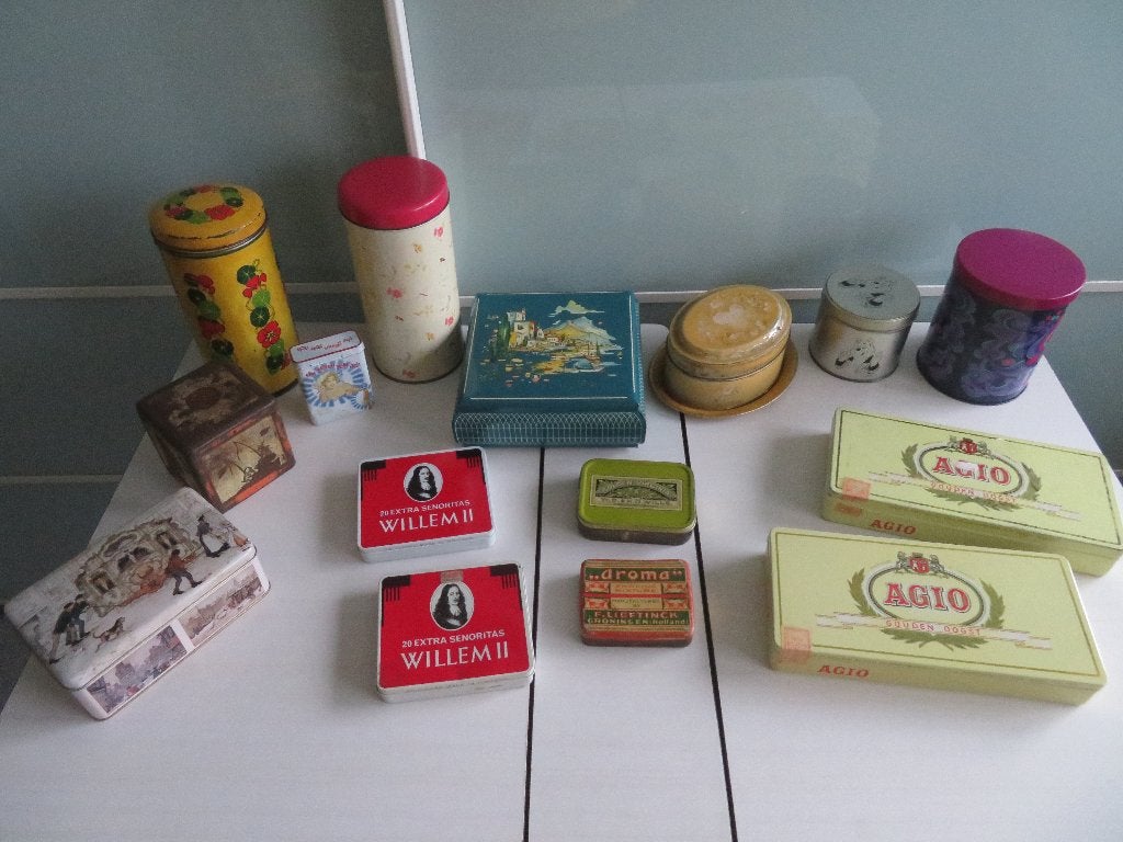 ZOLLDEROPRUIMING VINTAGE / OUDE Doos vol blikken, Antiek en Kunst, Ophalen of Verzenden