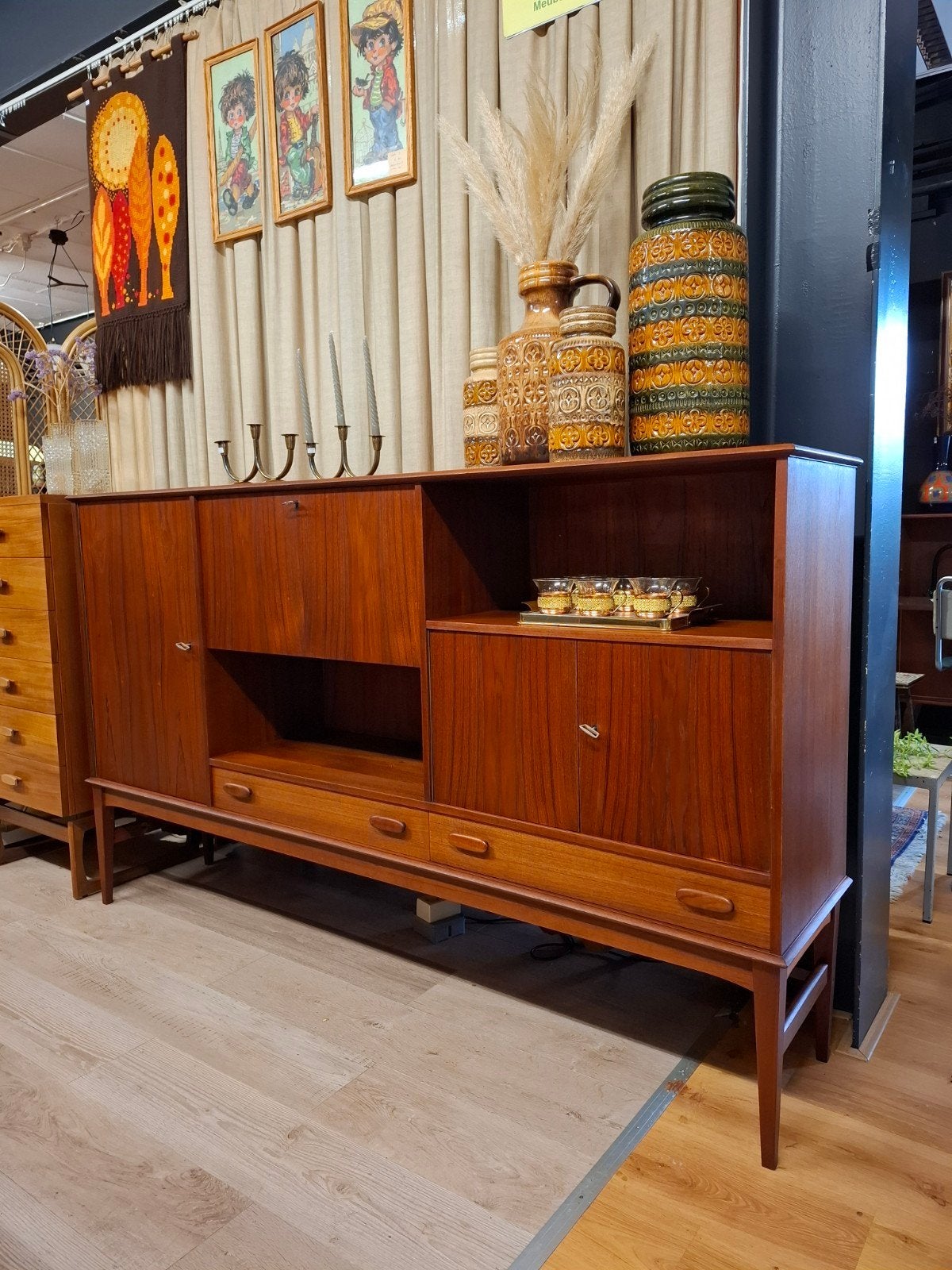 Vintage highboard wandkast teak kast mid century design, Ophalen, 150 tot 200 cm, ..., Zo goed als nieuw