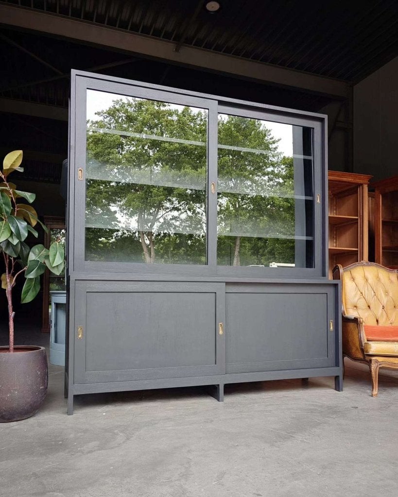 Vintage schoolkast | Vitrinekast in de kleur "Schemer" #0805, Huis en Inrichting, -, 200 cm of meer, -, Ophalen of Verzenden