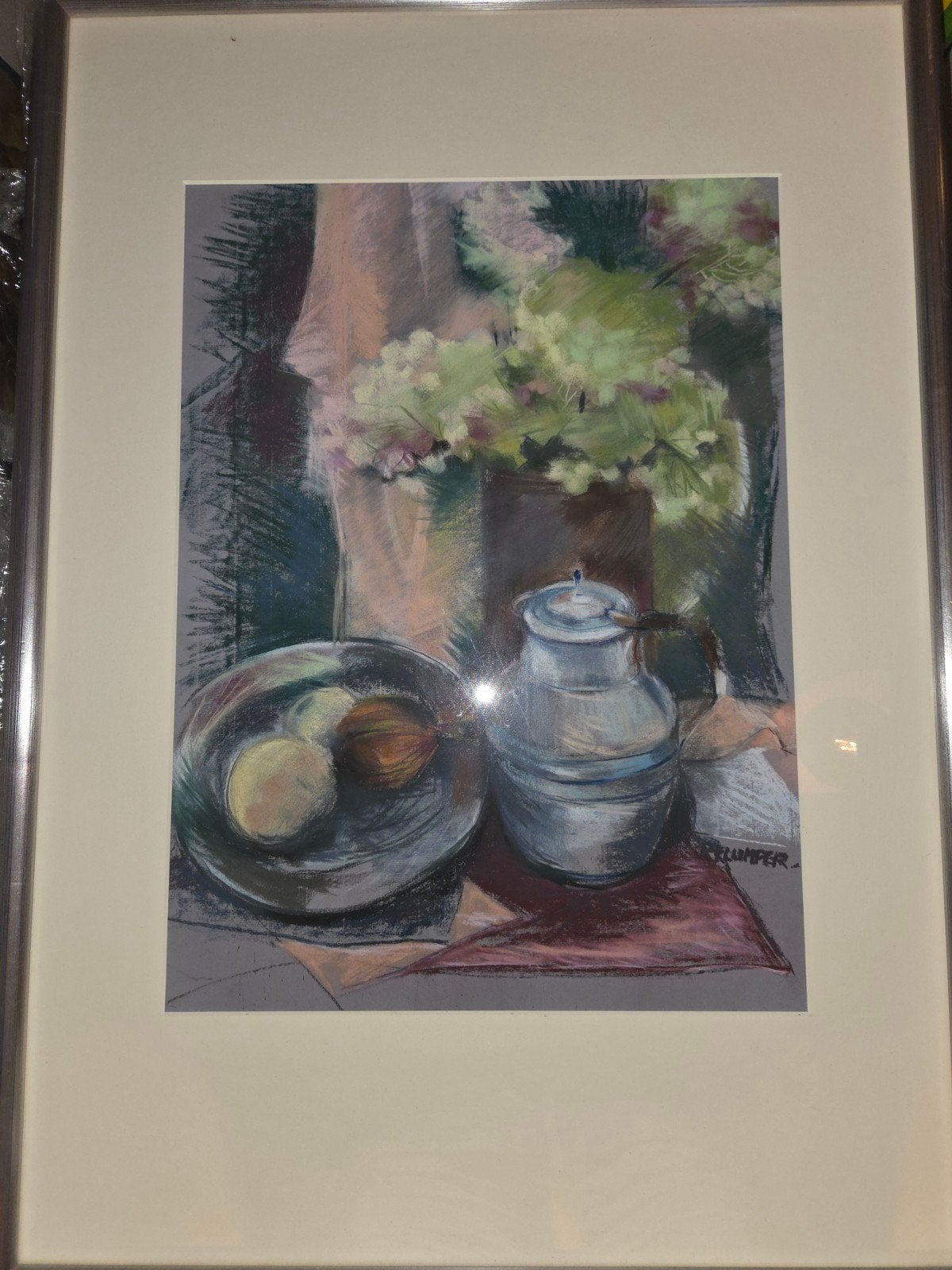 Schilderij - pastel stilleven met bloemen en kruik., Antiek en Kunst, Kunst | Schilderijen | Klassiek, Ophalen