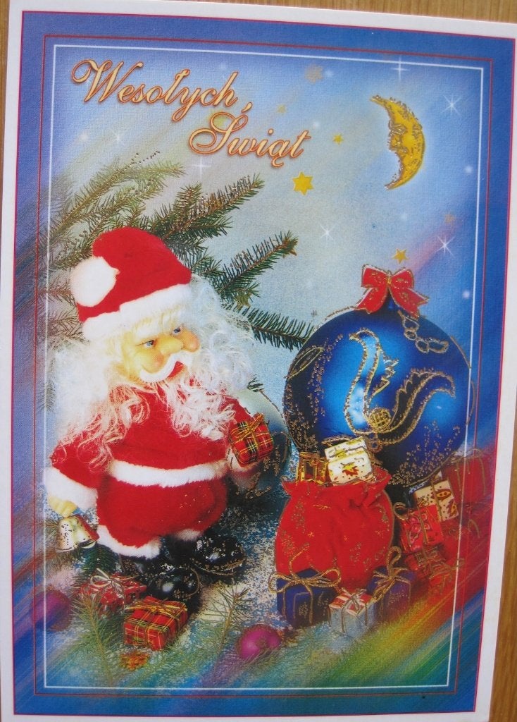 kerstkaart met kerstman met zak met cadeautjes - Polen, Verzenden, 1980 tot heden, Gelopen, Overige thema's