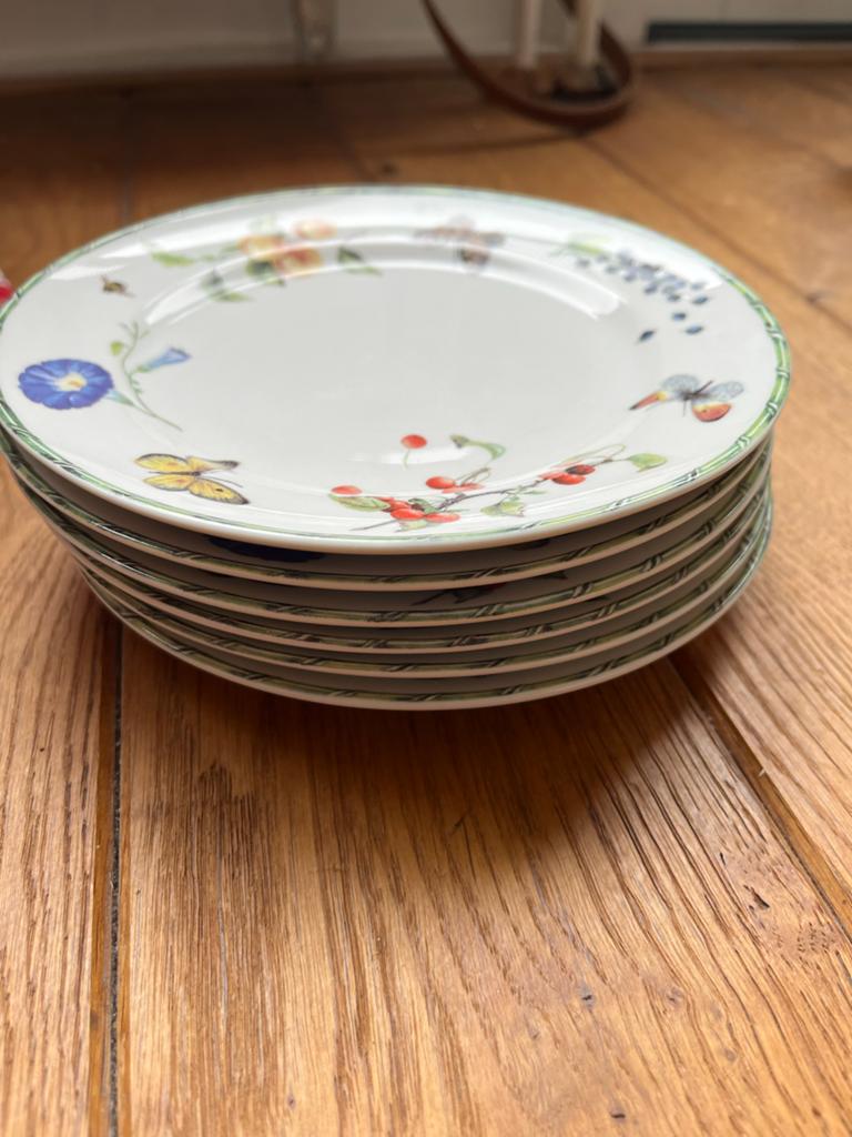 6 gebaksbordjes Janneke Brinkman - Vlinders en Bloemen, Ophalen of Verzenden, Zo goed als nieuw, Bord(en), Overige stijlen