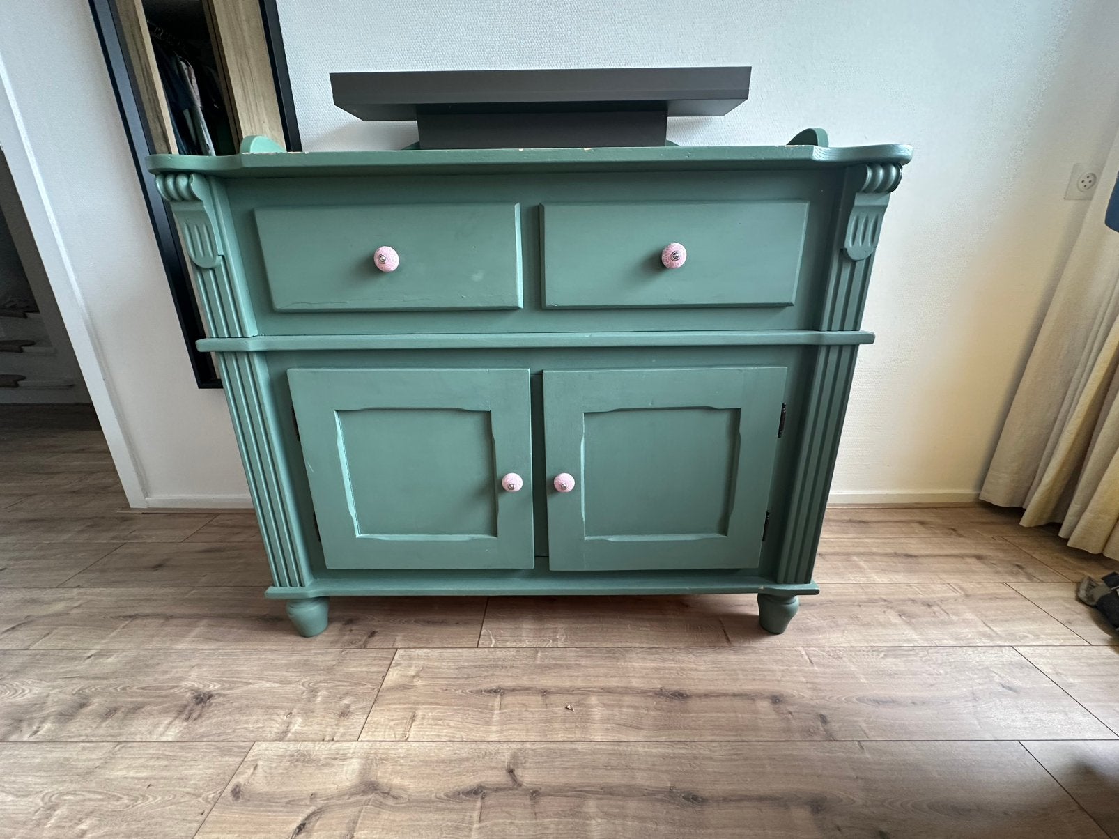 Commode vintage, met 2 lades en schap, Ophalen, Gebruikt, 50 tot 70 cm, 100 cm of meer