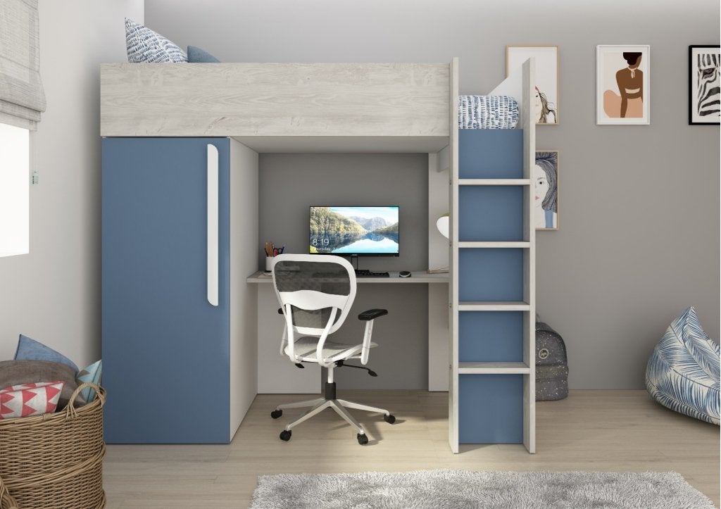 Studio 1803 hoogslaper met bureau en kast - 90x200 - Blauw/c, Niet ingevuld, Niet ingevuld, Niet ingevuld