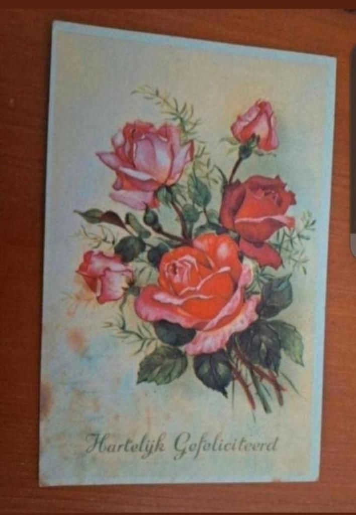 Vintage Wenskaart 'Hartelijk Gefeliciteerd' met Rozen, Ophalen of Verzenden