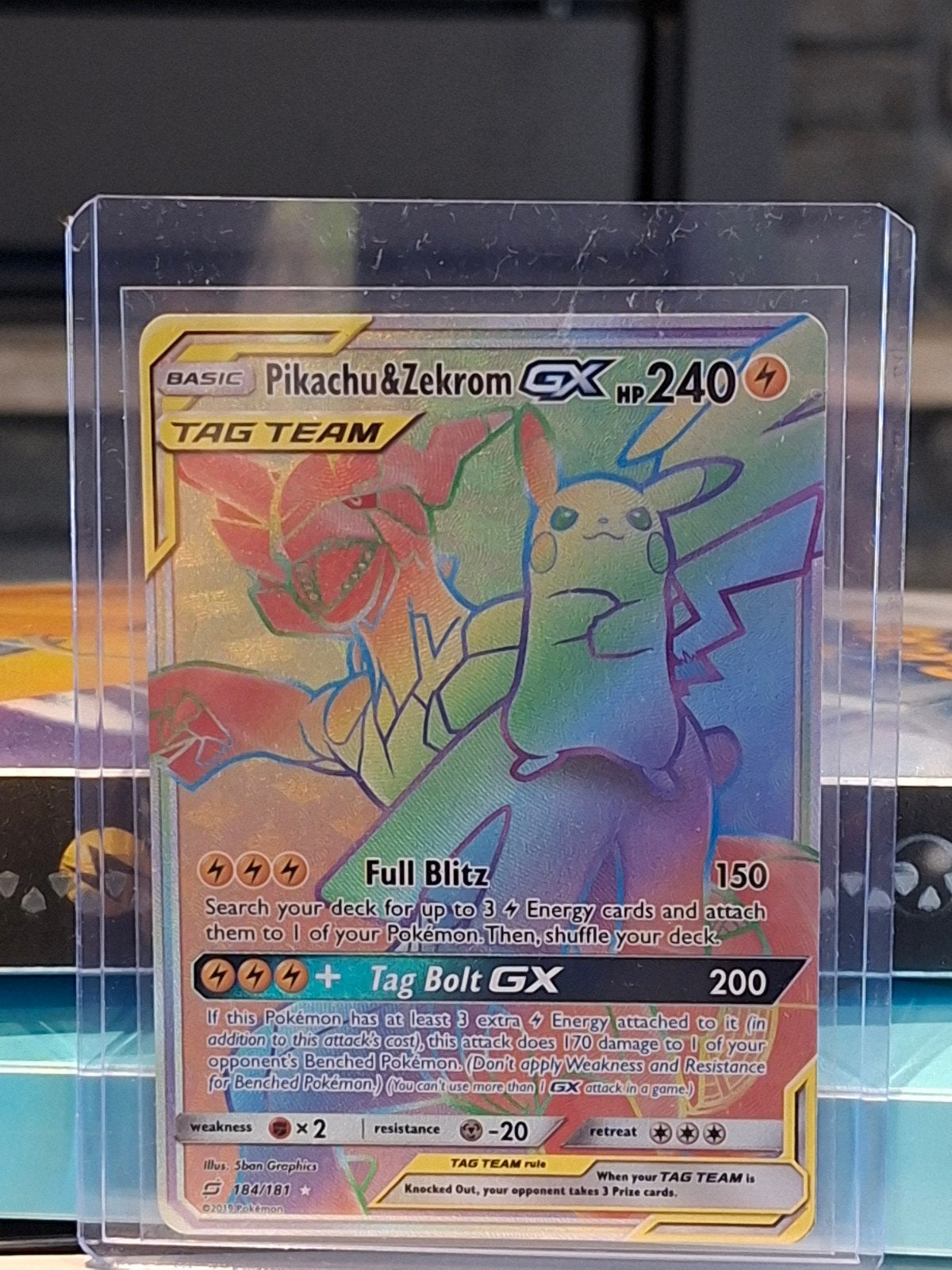 Pikachu & Zekrom GX Full Art Rainbow Rare Pokémon Kaart, Ophalen of Verzenden, Zo goed als nieuw, Losse kaart, Foil