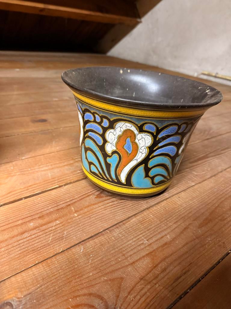 Antieke Gouda Plateel Bloempot - Jaren '20, Ophalen of Verzenden