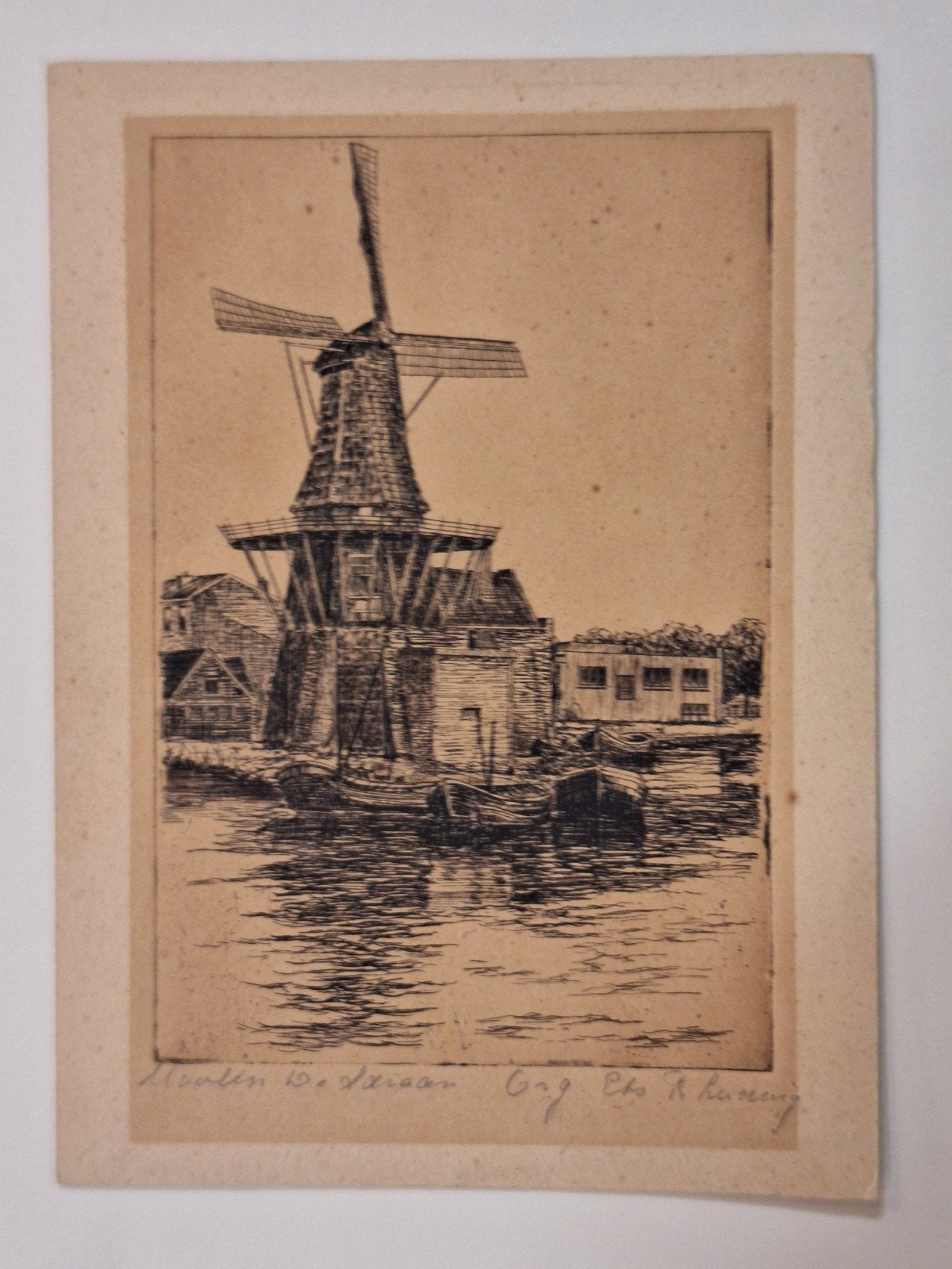 Ets 'Molen De Adriaan' Haarlem - Gesigneerd, Ets, Stadsgezicht, Ophalen of Verzenden, Gesigneerd