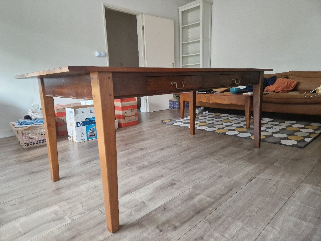 Mooie massief houten eettafel met lades (200cm x 90cm), Huis en Inrichting, Tafels | Eettafels, Ophalen, Gebruikt, Vintage, 200 cm of meer