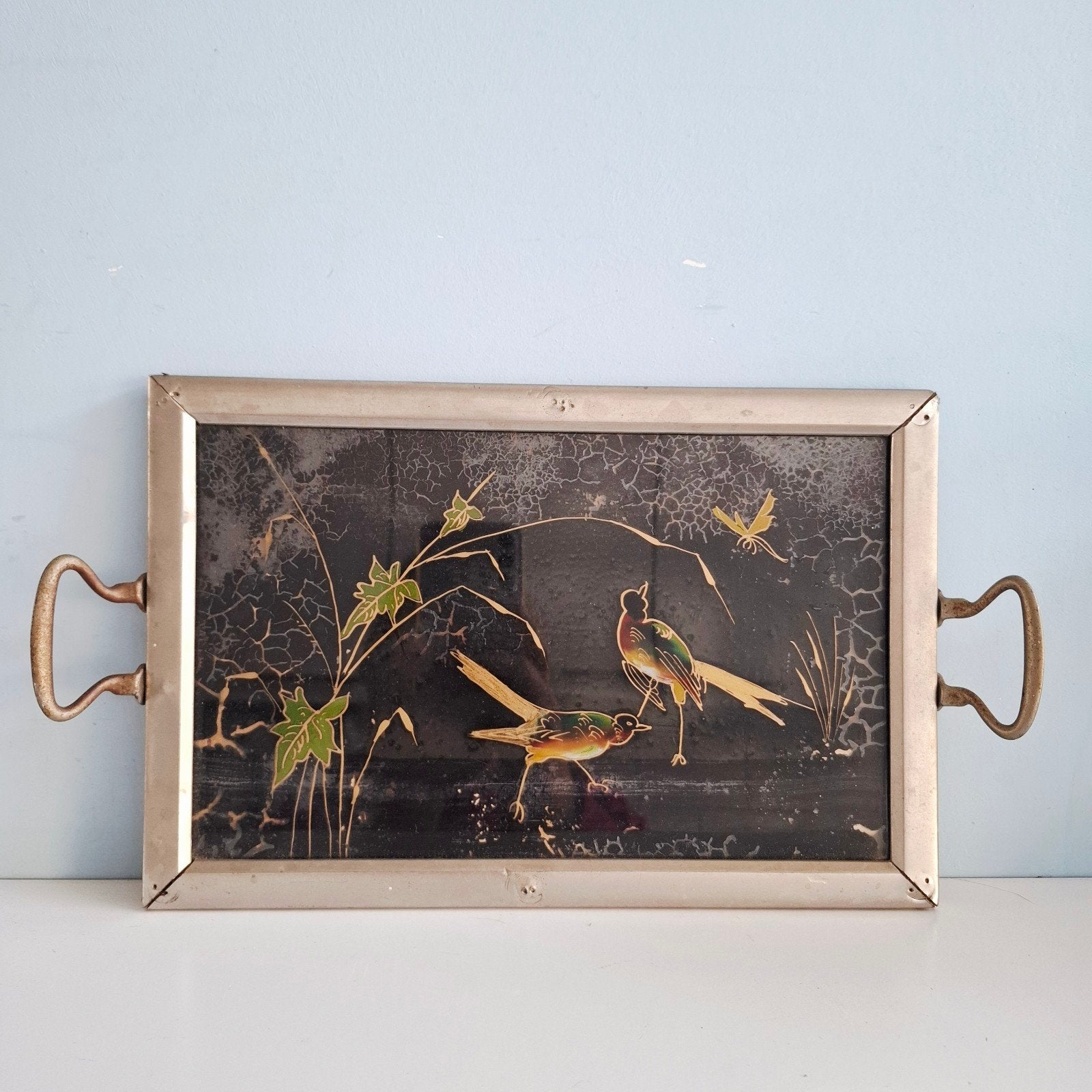 Art Deco dienblad – chinoiserie / vogels op glas, Antiek en Kunst, Ophalen of Verzenden