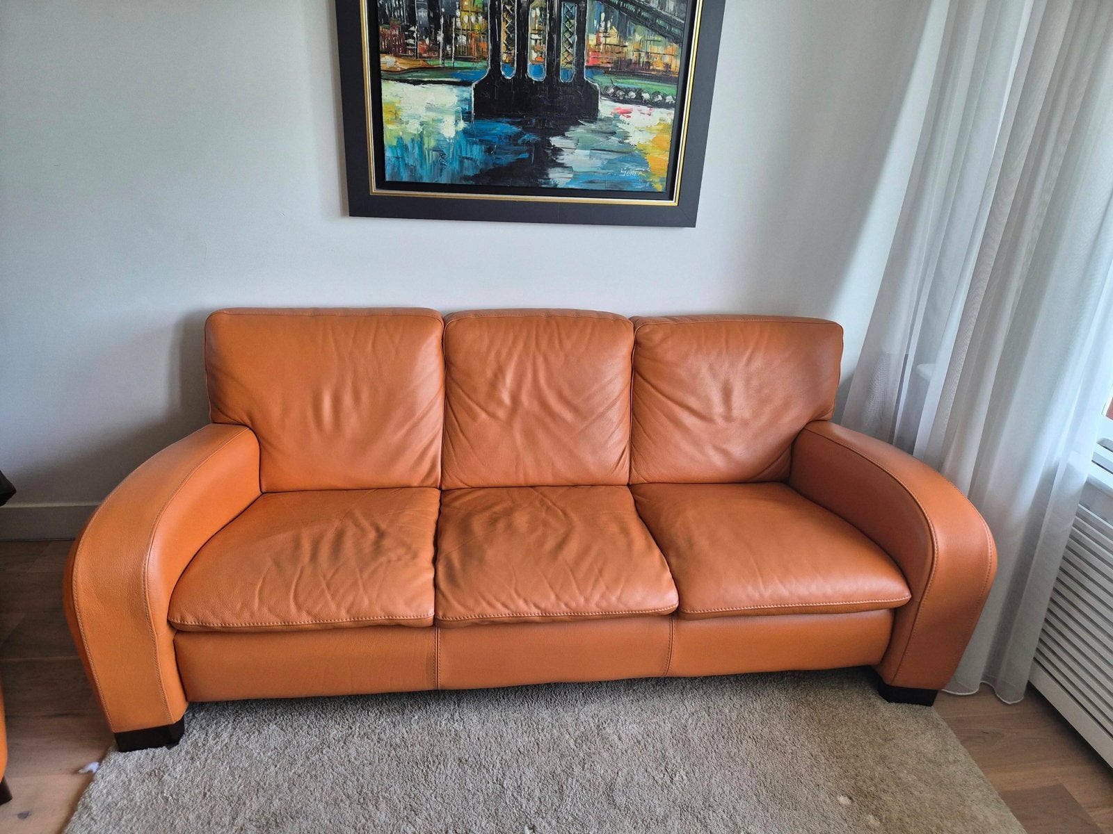 Leren 3-zitsbank - Bruin/Oranje - 200x100x80cm, Ophalen, Gebruikt, 150 tot 200 cm, Driepersoons