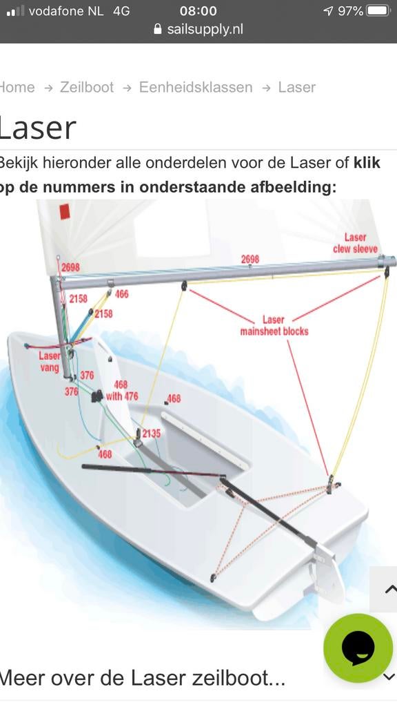 Laser, masten giek, zeil,midzwaard roer en helmstok, Minder dan 15 m², Overige typen, Zo goed als nieuw, Ophalen