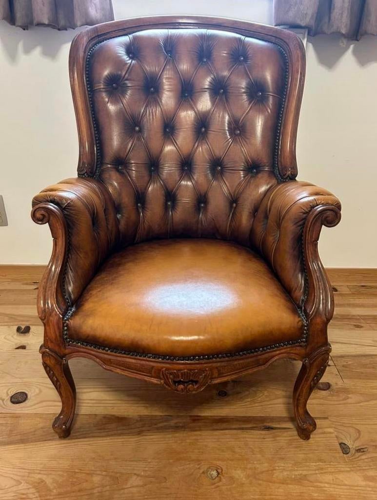 Bruine leren Chesterfield look stoel, Ophalen, Minder dan 75 cm, Chesterfield, Leer