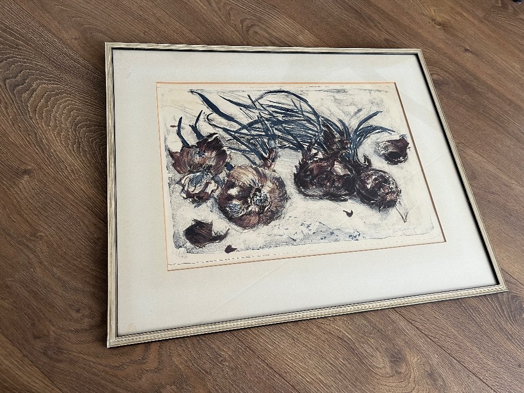 Jan Roelf Mensinga Stilleven met uitgelopen uien, gesigneerd, Antiek en Kunst, Kunst | Litho's en Zeefdrukken, Ingelijst, Ophalen