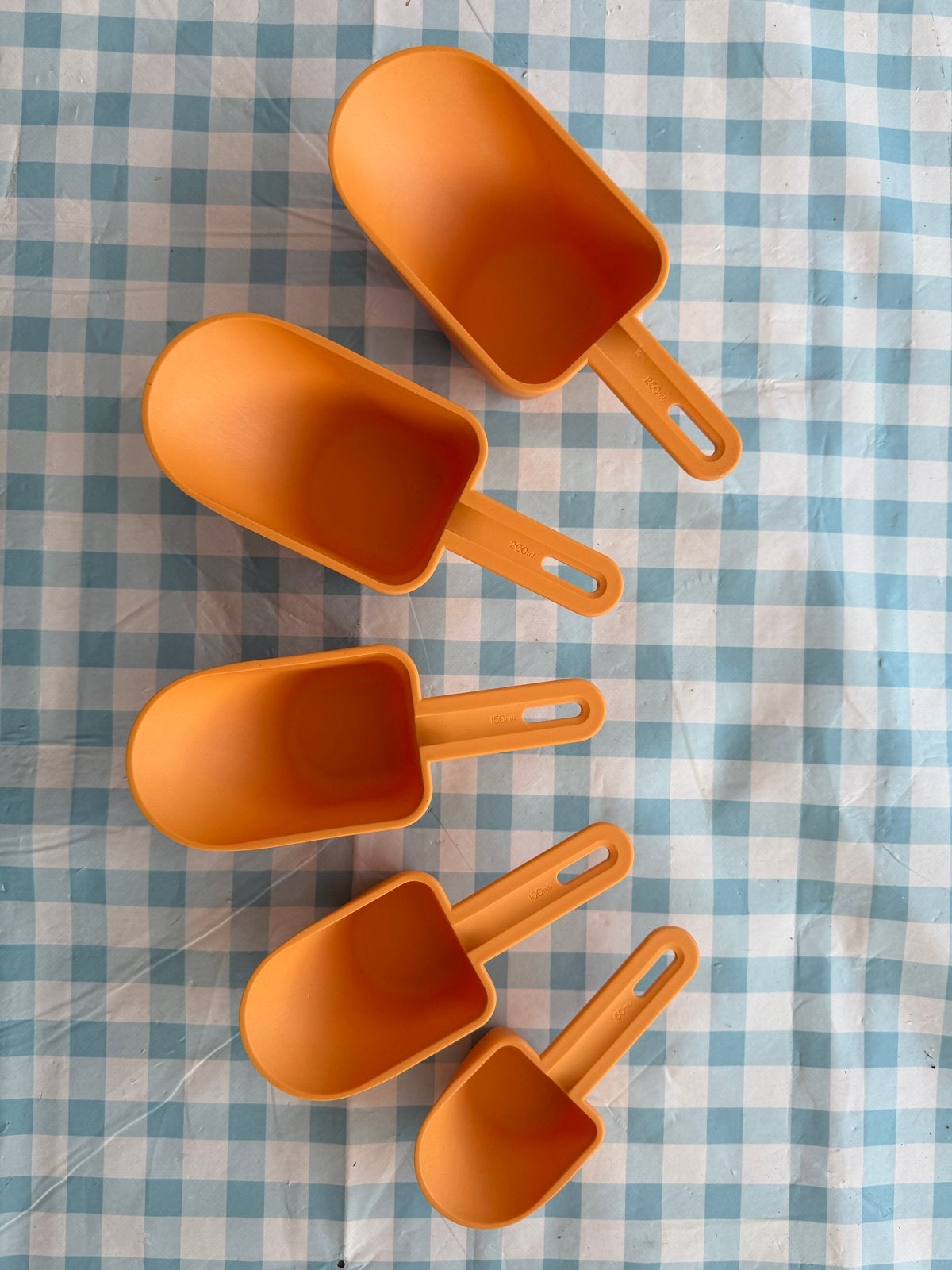 Vintage Tupperware: Set van 5 oranje maatlepels/schepjes, Ophalen, Kunststof, Overige merken, Oranje
