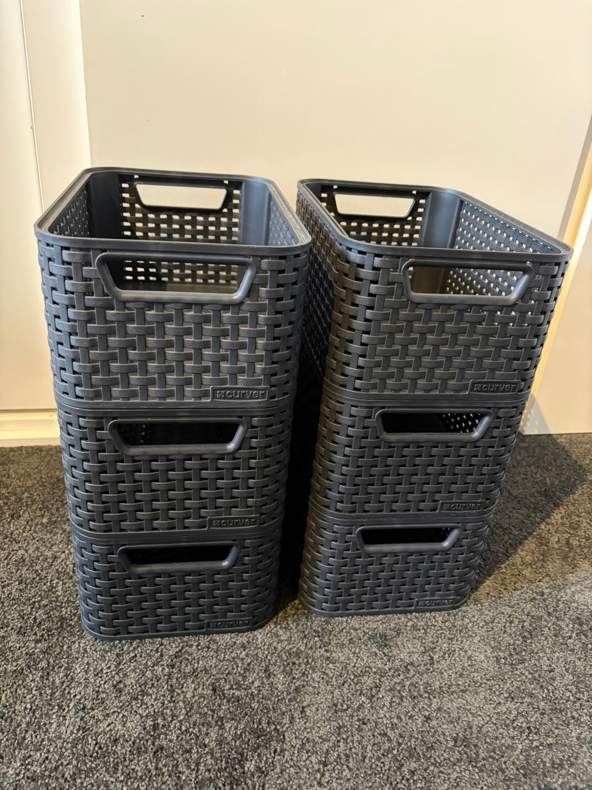 6x opbergbox Curver zwart gevlochten kunsstof - 19x28cm, Ophalen of Verzenden, Zo goed als nieuw, Rechthoekig, Kunststof