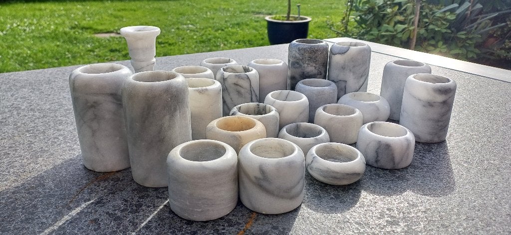 Partij retro vintage carrara marmer waxinelichthouders, Ophalen, Zo goed als nieuw, Grijs, Waxinelichthouder