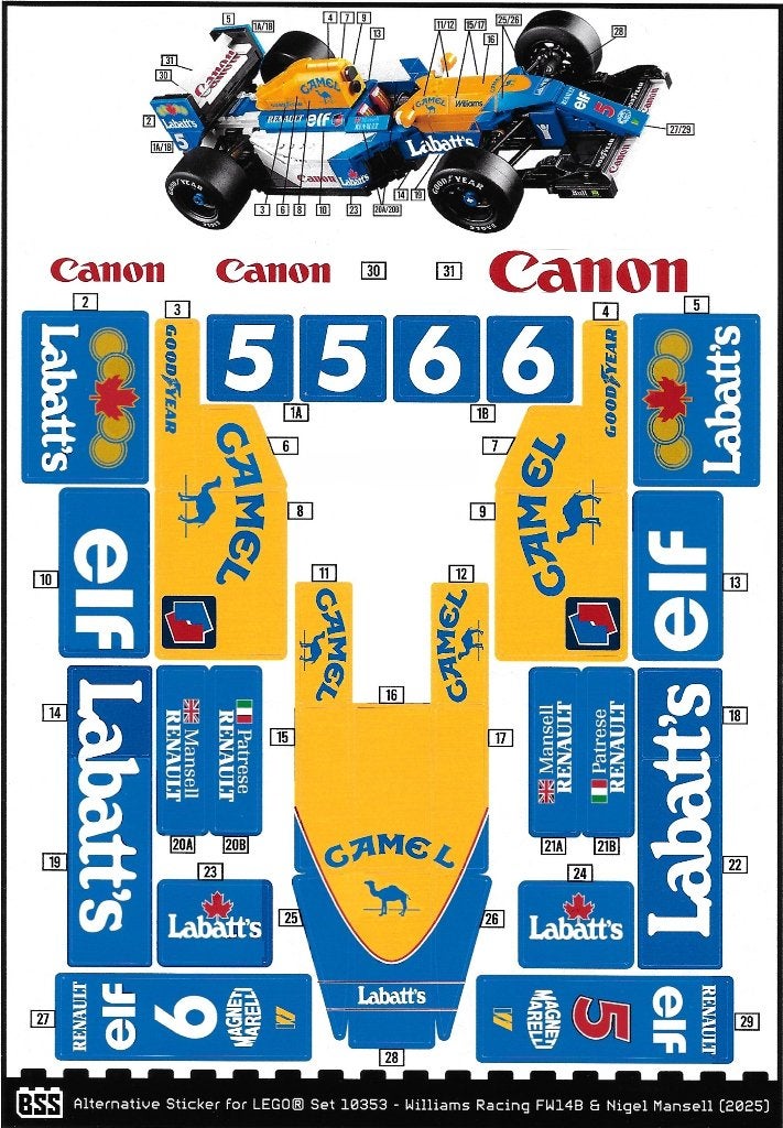 Stickervel voor Lego 10353 Nigel Mansell Williams FW14 Nieuw, Ophalen of Verzenden, Nieuw, Overige merken