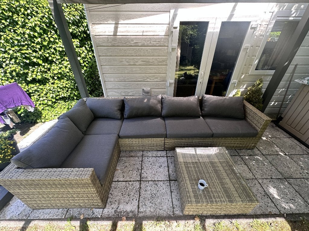 Pure Collection hoeklounge – 4-delig | wicker | glazen tafel, Tuin en Terras, Ophalen, Gebruikt, Bank, Loungeset