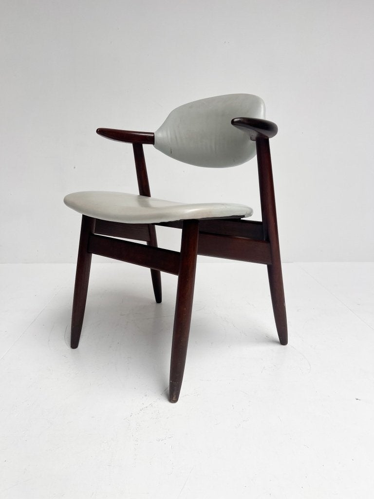 Grijskleurige lederen cowhorn chair, 1970's, Gebruikt, Bruin, Hout, Ophalen of Verzenden