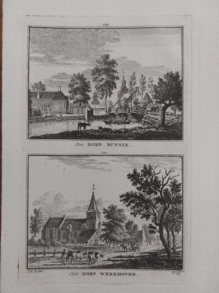 109-110 / Dorp Bunnik en Werkhoven Oude gravure 18e eeuw, Antiek en Kunst, Kunst | Etsen en Gravures, Ophalen of Verzenden
