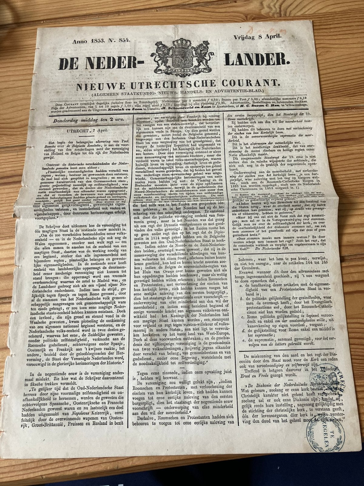 Krant De Nederlander 8 april 1853 Utrecht, Verzamelen, Ophalen of Verzenden, 1980 tot heden