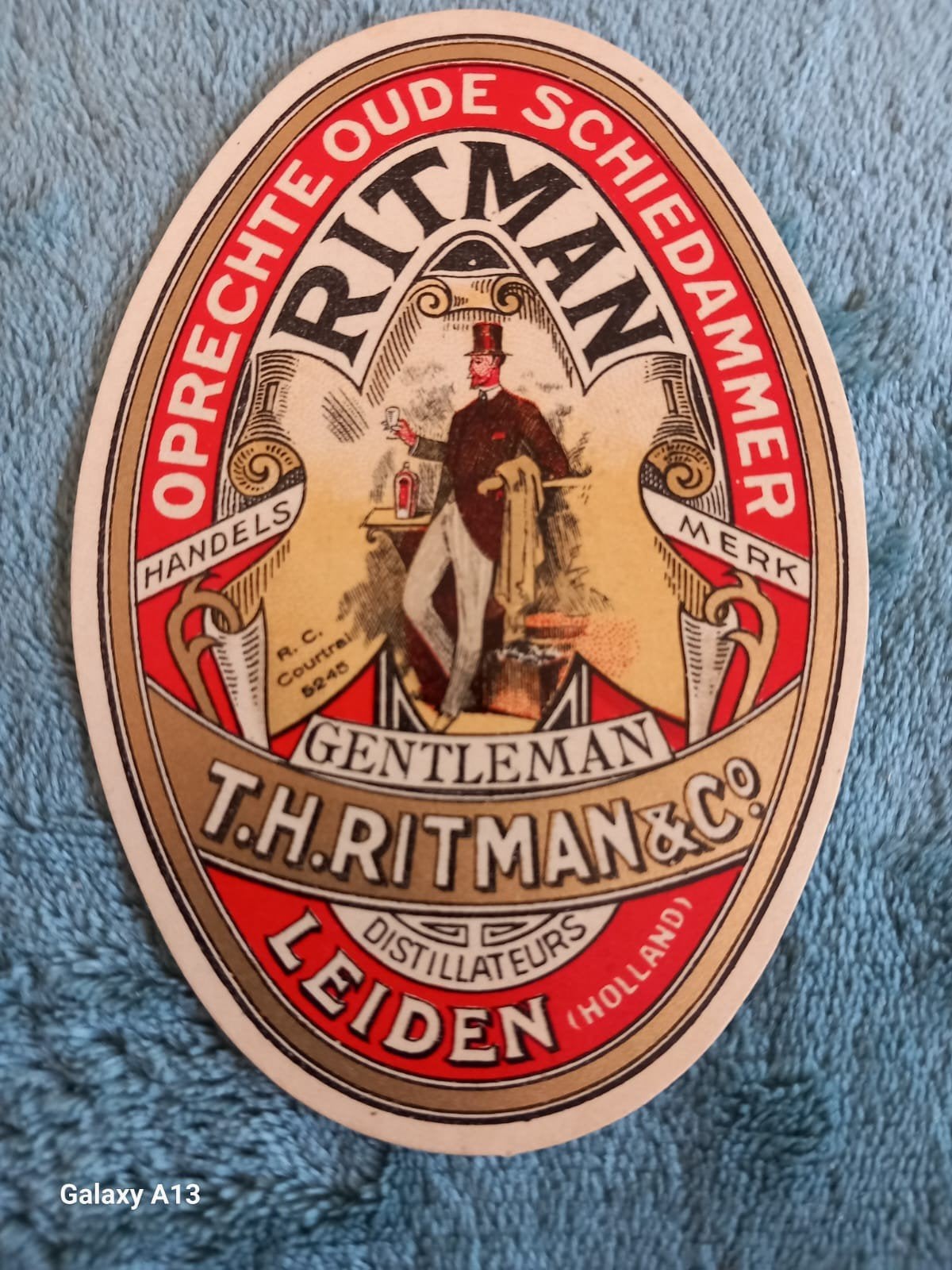 Oud Etiket 1900-1935 Ritman & Co Gentleman Jenever Leiden, Ophalen of Verzenden, Zo goed als nieuw, Overige typen