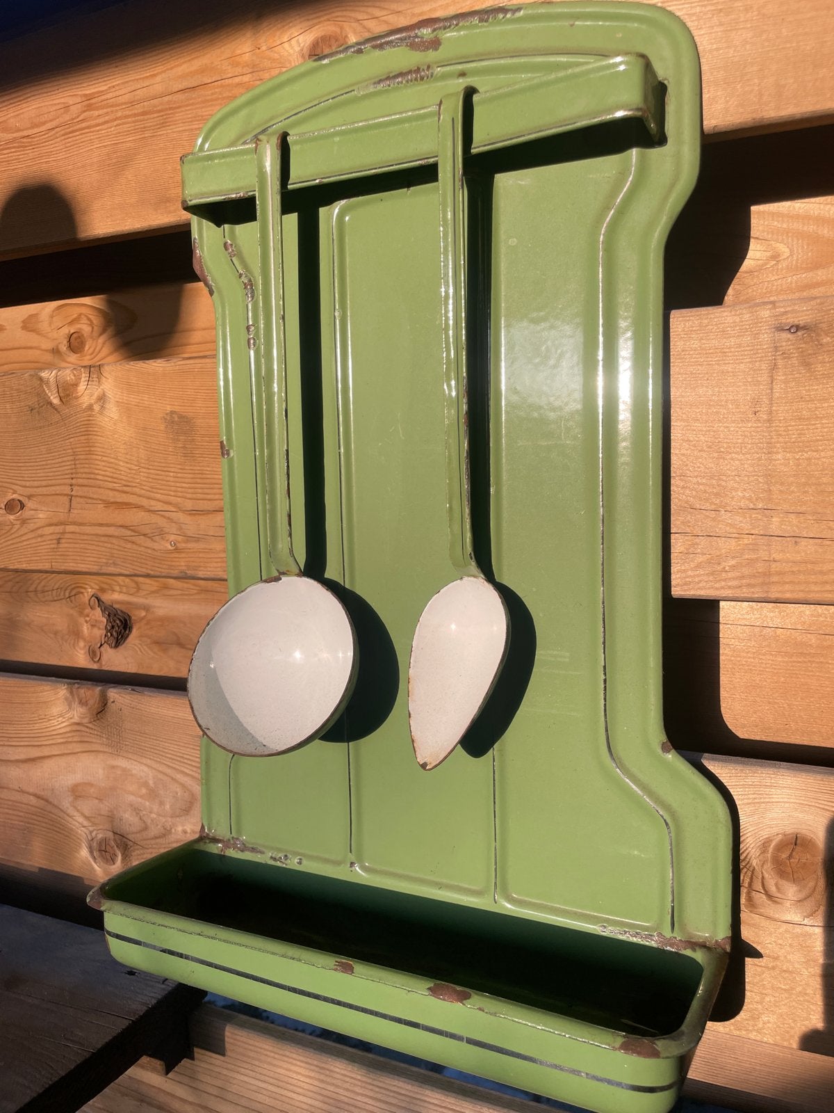 Vintage Groen Emaille Lepelrek met 2 Lepels, Ophalen of Verzenden