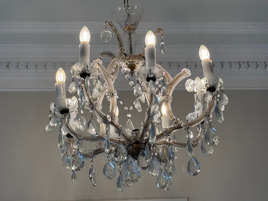 Heel mooie antieke kroonluchters, 4 stuks, diameter ± 70 cm., Ophalen, Gebruikt, Glas, E14 (klein)