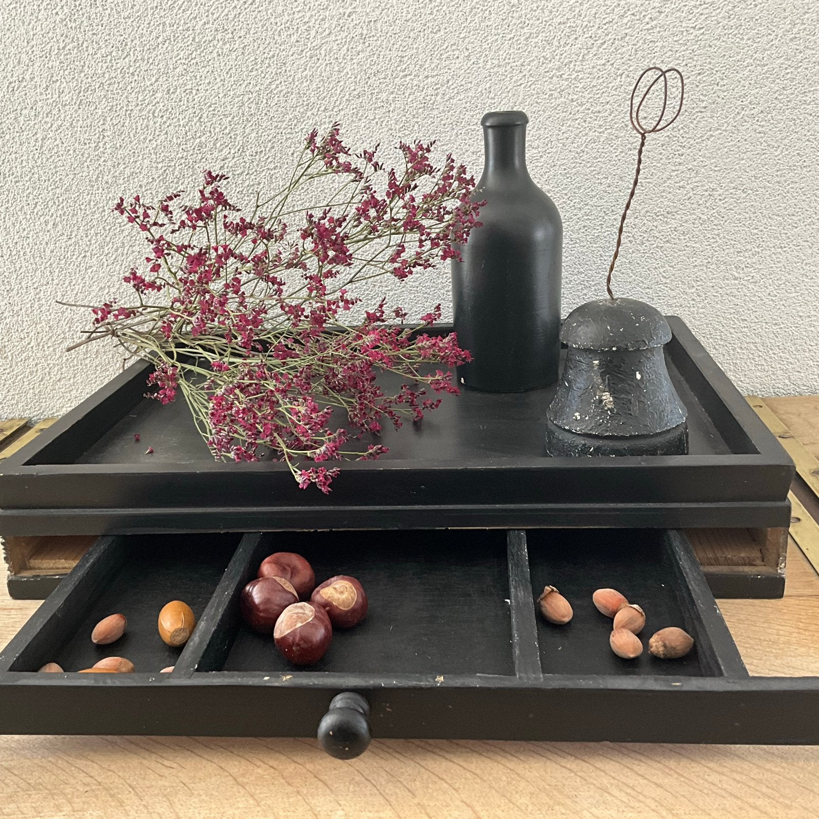 Zwart houten dienblad met lade - Vintage stijl, Ophalen of Verzenden, Vintage, Hout, Gebruikt